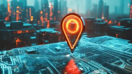 Poster - A luminous navigation pin is prominently displayed on a detailed digital map overlooking a vibrant, high-tech city at dusk.