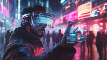 Aufkleber - a man interacts with a holographic interface while wearing virtual reality goggles in a vibrant, neo