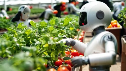 Poster - A robot examines freshly harvested tomatoes while surrounded by thriving green plants in a well-lit greenhouse.