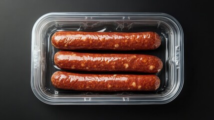 Three sausages are in a plastic container on top of the table, AI