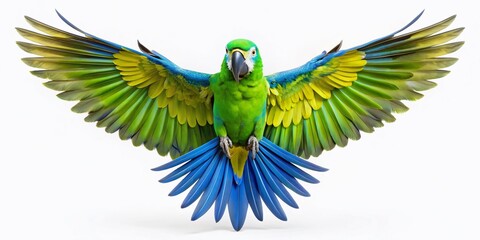 Vibrant green and blue plumage shines on a stunning parrot perched in a elegant pose, its wings spread wide, against a crisp white background.