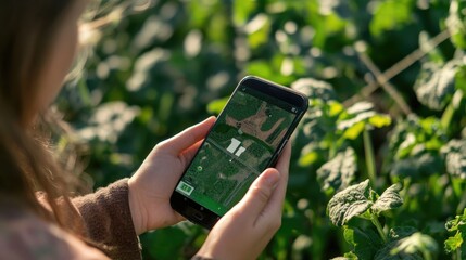 Wall Mural - Smartphone displaying a farm management app, showing real-time data on crops.