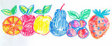 childs crayon drawing of fruits, scribble marks and pencil marks visible on white paper background	
