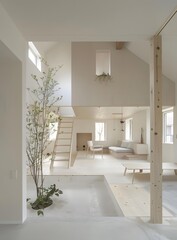 Wall Mural - Modern Minimalist Japanese Home Interior Design with White Walls and Wooden Elements