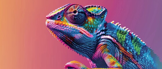 Wall Mural - A vibrant, multicolored chameleon with sharp teeth, tongue out, against a gradient background, creating an artistic and lively scene.