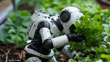 Poster - A robot carefully examines and tends to lettuce plants in a greenhouse, showcasing the intersection of technology and agriculture.