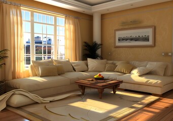 Wall Mural - Beige Sofa in a Modern Living Room with a Window View