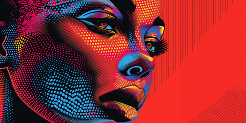 Vibrant Pointillist Portrait in Pop Art Style: A striking pop art illustration of a woman's face rendered in vibrant pointillist dots and bold colors, blending modern and classic artistic techniques.