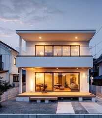 Wall Mural - Modern Two Story House with Wooden Deck and Glass Doors