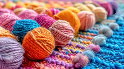 close-up of balls of wool yarn of different colors arranged on colorful knitted fabric