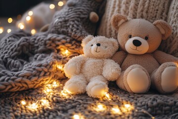 Cozy scene with teddy bears and warm lights on a knitted background