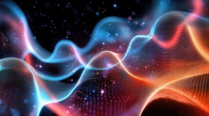 Poster - Abstract representation of data waves flowing through a communication network.