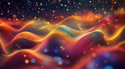 Poster - Abstract representation of data waves flowing through a communication network.