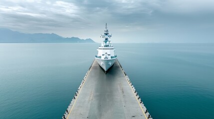 Wall Mural - A large white ship is in the water with a lot of cranes in the background