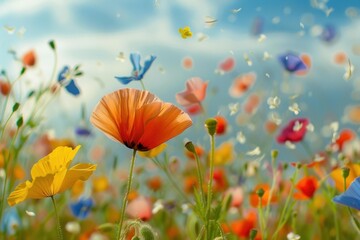 Flower petals are blowing in the wind on a beautiful sunny day