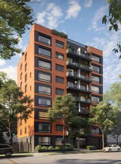 Wall Mural - Modern Orange Brick Apartment Building with Balconies