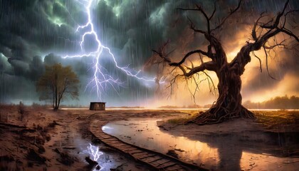 Wall Mural - lightning in the forest