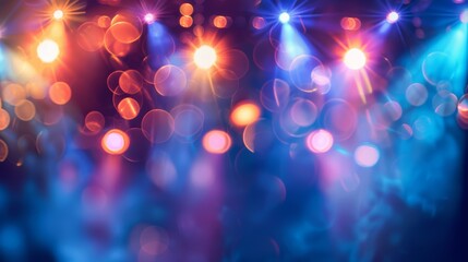 A blurred background of a concert venue with colorful stage lights, capturing the atmosphere of live music. Blurry, vibrant party light with bokeh blur effect at a festival or music event. 