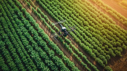 Wall Mural - Aerial view of a smart farm with automated irrigation systems and sensors.