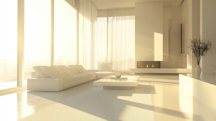 Canvas Print - A living room with a large window and white furniture, AI