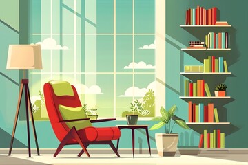 Wall Mural - Cartoon Illustration of Living Room with Red Armchair Near Window