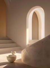 Wall Mural - Minimalist Interior Design With Arched Window and Stone Wall