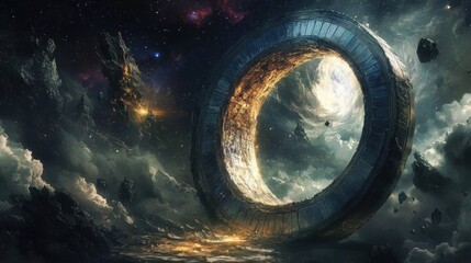 Wall Mural - A large circular object in the sky surrounded by clouds, AI