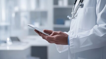 Poster - Doctor Using a Tablet and Stethoscope in a Modern Medical Office Environment
