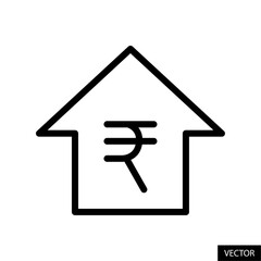 Aufkleber - Home with inr symbol, indian rupee sign, house rent, price or cost, real estate vector icon in line style design for website, app, UI, isolated on white background. Editable stroke. Vector file.