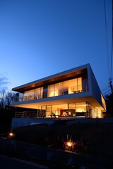 Wall Mural - Modern House with Large Windows at Night