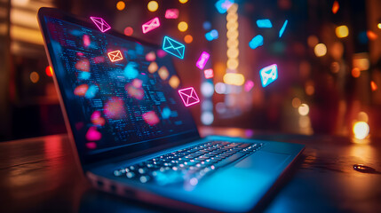 Poster - Laptop computer with a vibrant and futuristic digital interface surrounded by colorful bokeh lighting effects symbolizing technology communication and creativity in the modern digital age