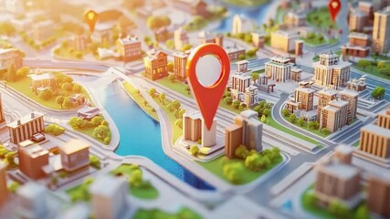 Poster - A detailed map showcases buildings and landmarks with vibrant navigation markers pointing to various locations in an urban setting.