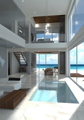 Wall Mural - Modern House Interior Design with Pool and Ocean View