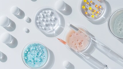 Poster - A variety of petri dishes showcase vibrant liquids and intriguing textures, illuminated by soft morning light on a pristine surface