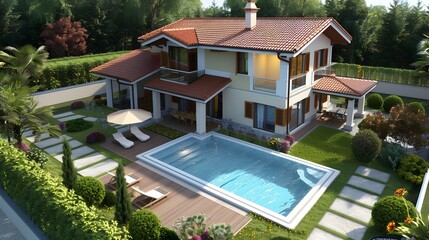 Wall Mural - Modern Luxury Villa with Swimming Pool and Landscaping