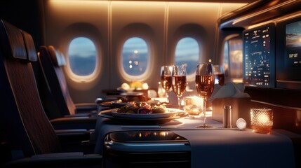 a lavish meal is served on a beautifully set table in a first-class cabin with dim lighting and cozy