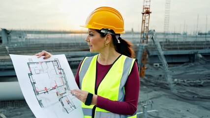 Poster - Woman in Hard Hat Reviewing Construction Plans at Sunset on Site Generative AI