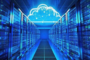 Poster - Cloud computing technology connecting servers in a data center, symbolizing data storage, processing, and network connectivity
