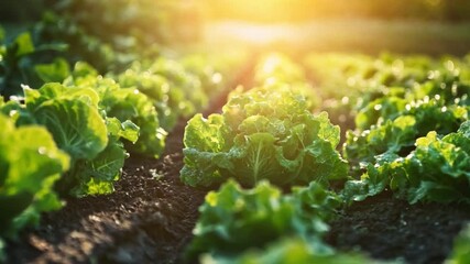 Poster - Lush green lettuce plants thrive in rich soil with sunlight filtering through, highlighting their vibrant foliage.
