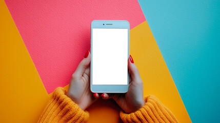 Woman hands holding smartphone with blank empty screen with copy space for advertising, app or website. Concept of online sales, online sale, mobile phone mockup. Colored background.