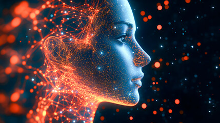Poster - Futuristic Digital Profile Portrait of Glowing Female Avatar in Cinematic Space with Neon Particles Energy Connections and Surreal Atmosphere