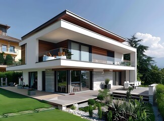 Wall Mural - Modern White House with Large Windows and Balcony