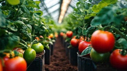 Poster - Ripe and green tomatoes flourish in pots along rows of lush plants inside a greenhouse.