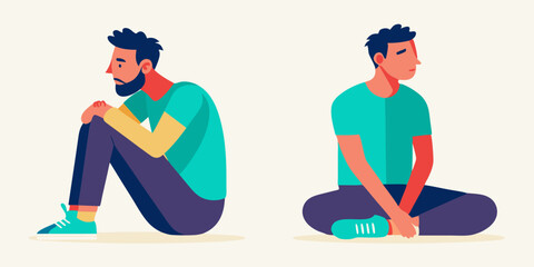 Set of character man in two poses. The guy is sitting and he leaning on the wall. Vector illustration
