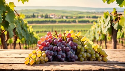 Poster - Bunch of grapes and vine leaf in basket on wooden table against green spring background