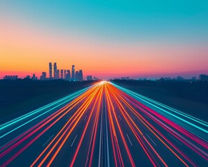 A long, empty highway with streaks of light from speeding cars against a vibrant sunset and city skyline.