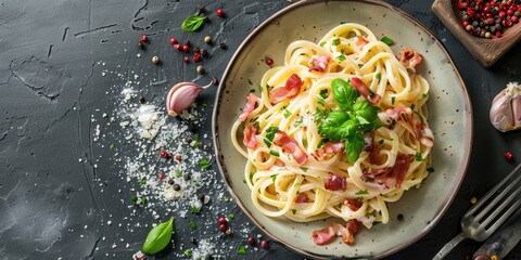 Wall Mural - Spaghetti Carbonara with bacon on gray concrete surface