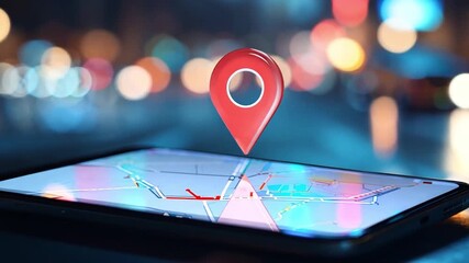 Poster - A smartphone shows a map with a red navigation pin overlaid, illuminated against a blurred city background at night.