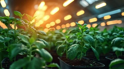 Poster - Small green plants thrive in pots inside a greenhouse, illuminated by warm light in the late afternoon.