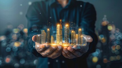Leinwandbilder - A professional stands confidently, showcasing a luminous urban skyline in his hands, symbolizing innovation and growth in a metropolitan environment